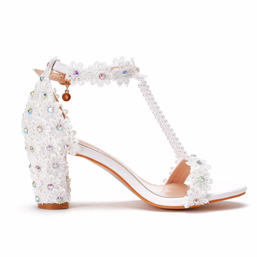 Elegant pair of Luxury Plus Size women's high heel gladiator sandals adorned with exquisite lace and decorative beads, perfect for formal occasions.