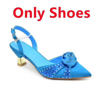 High heel Italian shoes in gold with pointed toe and spike heels, part of a luxurious women's shoe and bag set.