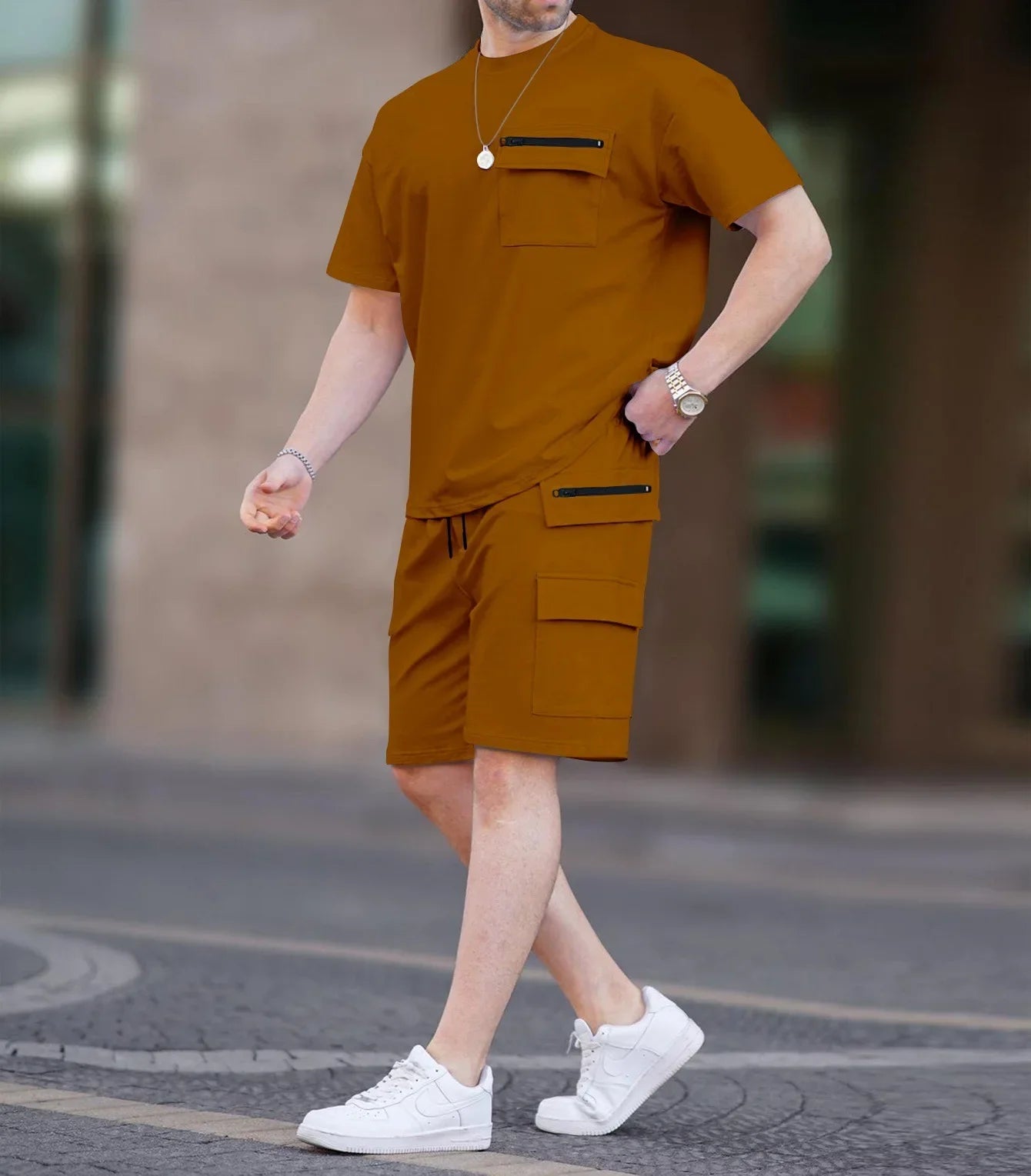 Stylish Men's Casual Short Sleeve Multi-Pocket Utility T-Shirt coupled with matching shorts, epitomizing summer luxury and comfort.