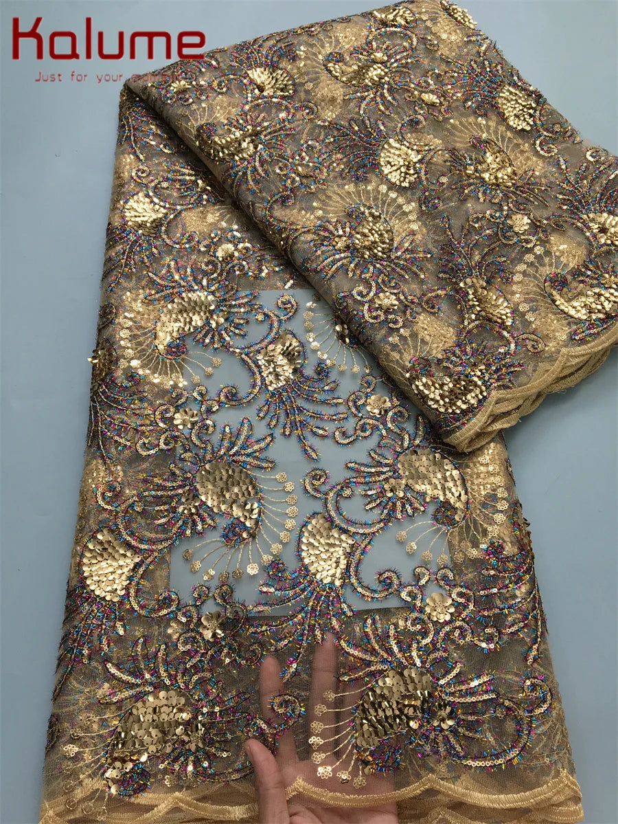 Kalume luxurious high-quality African lace fabric with sequins, perfect for party and wedding dresses, showcasing intricate mesh design.