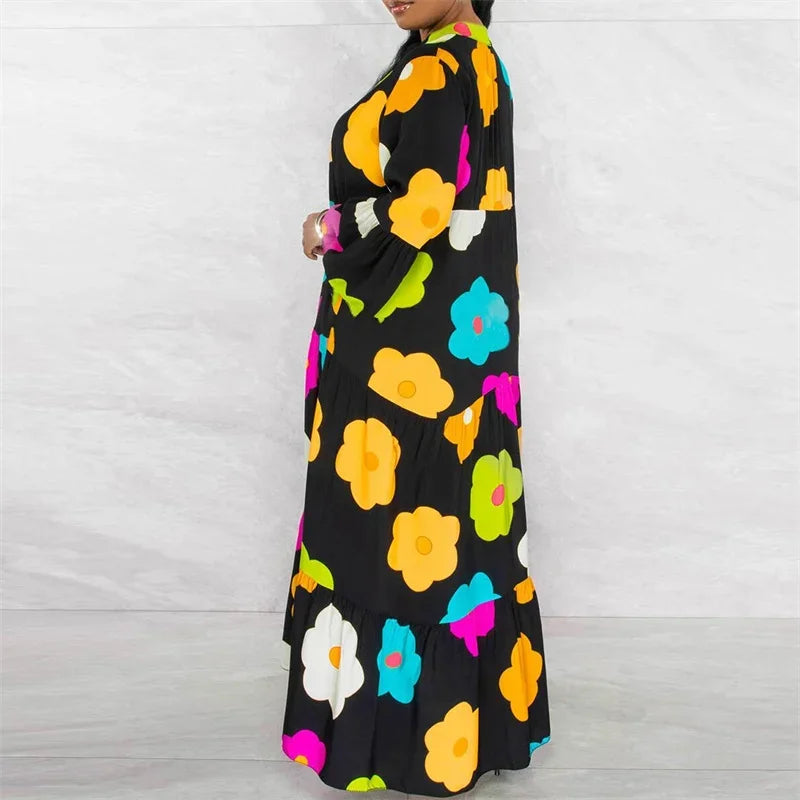 Elegant floral print long sleeve shirt dress for women, featuring a casual oversized fit and ankle-length design, perfect for sophisticated spring and summer outings.