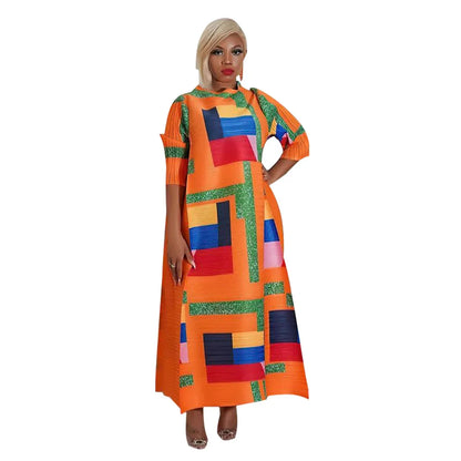 Chic long dress for women, showcasing intricate pleats and a stylish O-neck design, ideal for cultural celebrations or casual wear.