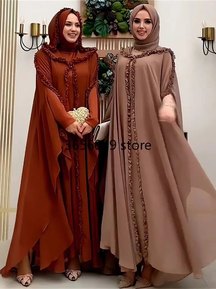 Luxury 2 Piece Khimar Abaya Set for Women featuring an elegant patch design, made from high-quality chiffon fabric, ideal for traditional festivals or everyday wear.