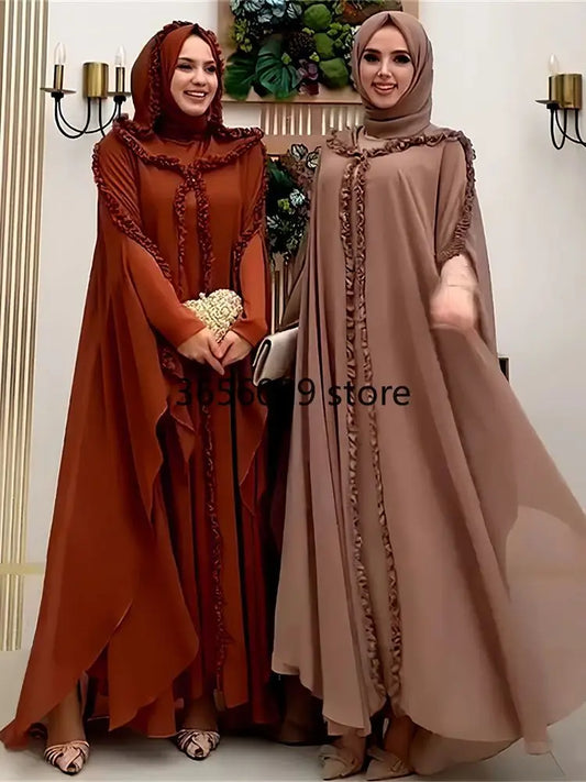 Luxury 2 Piece Khimar Abaya Set for Women featuring an elegant patch design, made from high-quality chiffon fabric, ideal for traditional festivals or everyday wear.