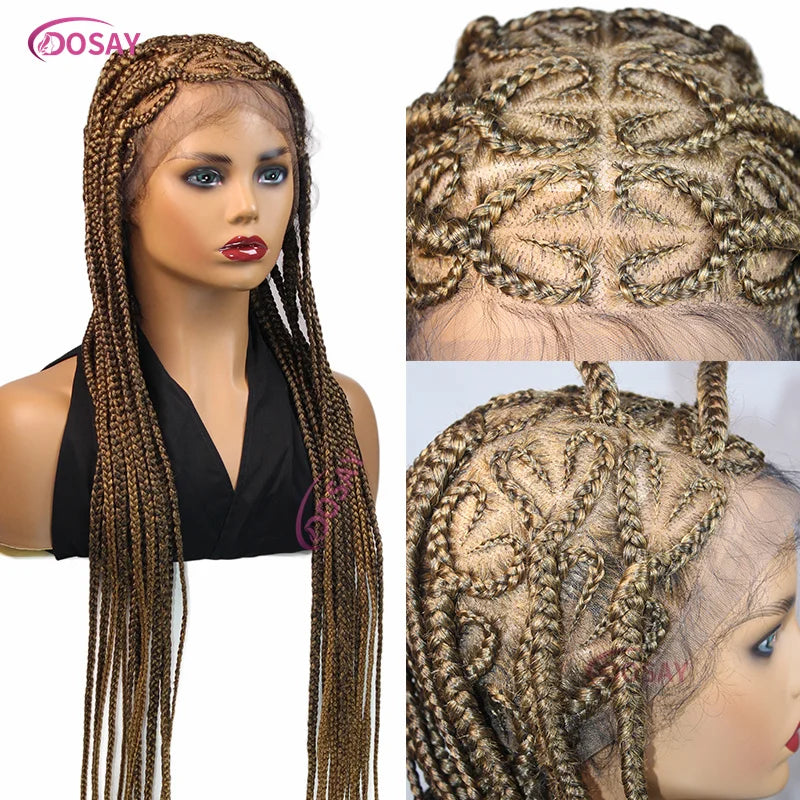 Luxurious 36-inch braided lace front wig featuring stunning heart box braids in a stylish blend of blonde and black, perfect for women seeking a trendy look.