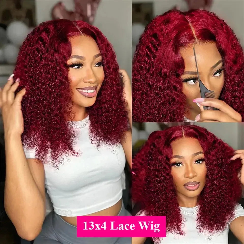 Stylish display of the 99J Red Burgundy Luxury Water Wave Short Bob Lace Front Wig, featuring transparent lace and high temperature fiber material.