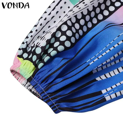 Stylish and loose fitting VONDA Plus Size Maxi Dress featuring eye-catching floral patterns and lantern sleeves, designed to accentuate natural waistline.