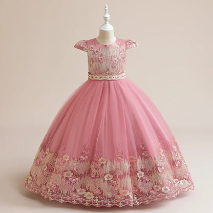 Charming girls' princess dress adorned with intricate floral patterns, ideal for special events and celebrations.