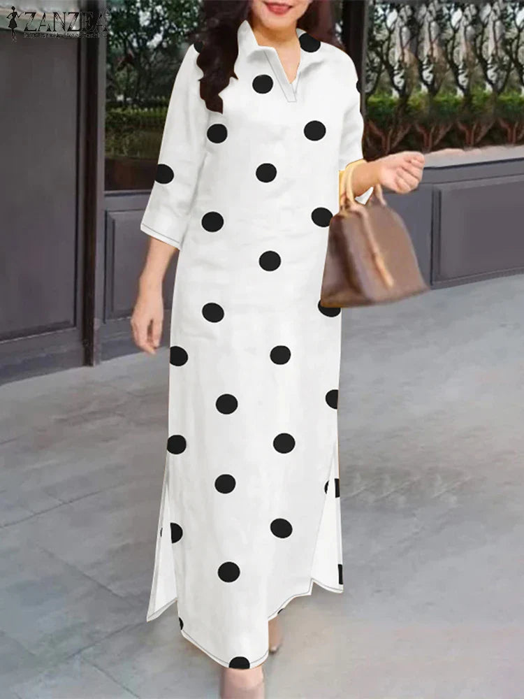 Elegant plus size women's summer sundress featuring a sophisticated polka dot pattern, lapel neck and 3/4 sleeves, perfect for upscale casual occasions.