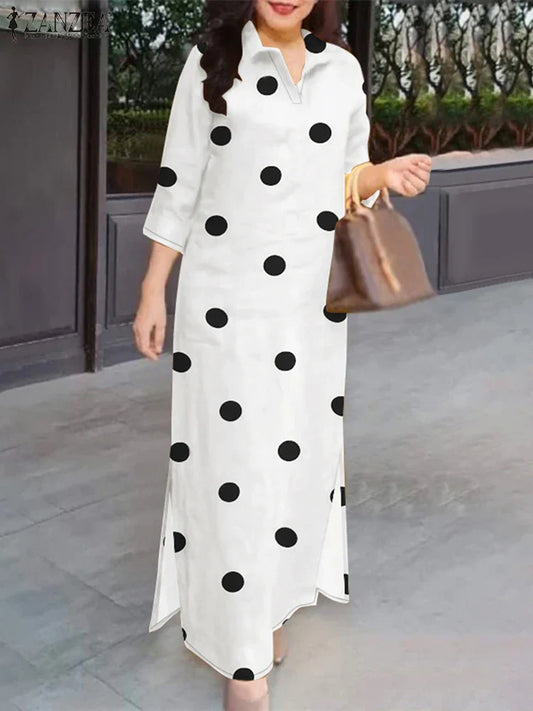 Elegant plus size women's summer sundress featuring a sophisticated polka dot pattern, lapel neck and 3/4 sleeves, perfect for upscale casual occasions.