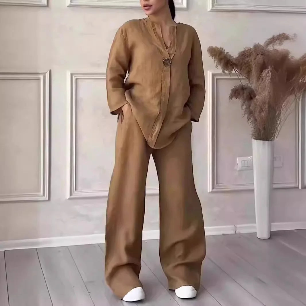 Elegant luxury cotton linen casual V-neck blouse from Hot Trends Area, perfect for summer outings.