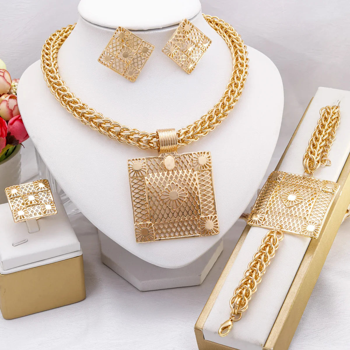 Elegant Luxury Geometric 18K Gold Plated Pendant Necklace from Liffly, designed for women, perfect for weddings and parties.