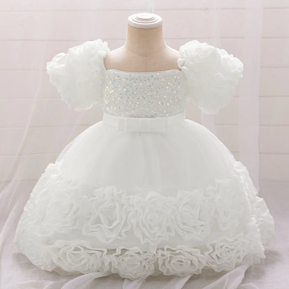 Lovely knee-length ball gown for girls, designed with a beautiful floral pattern, ideal for any festive celebration.