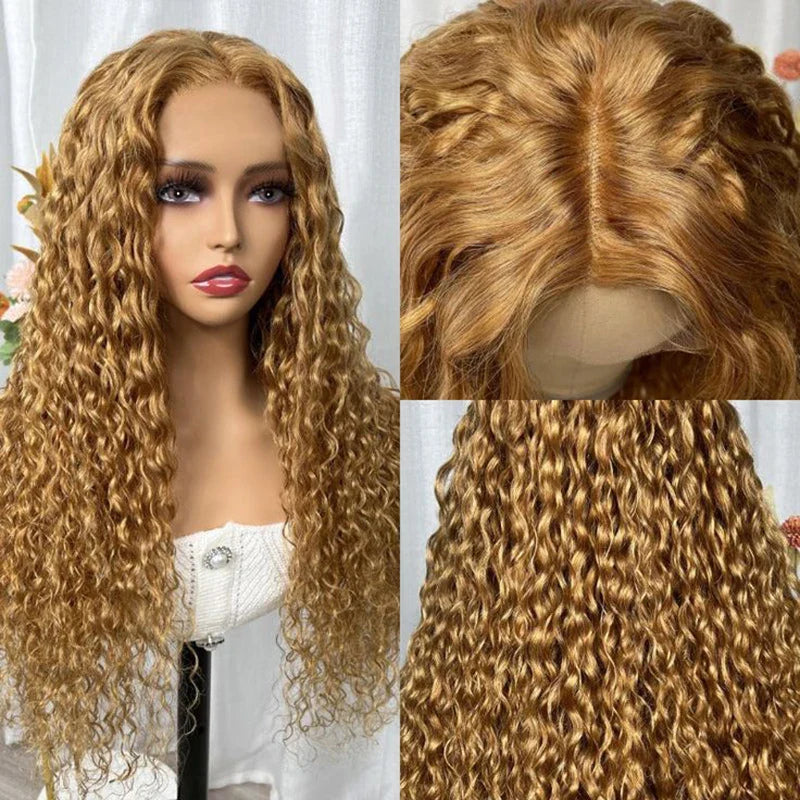 Side view of the Honey Blonde Water Wave 4x4 Lace Front Wig, highlighting the seamless blend and natural hairline of pre-plucked transparent lace.
