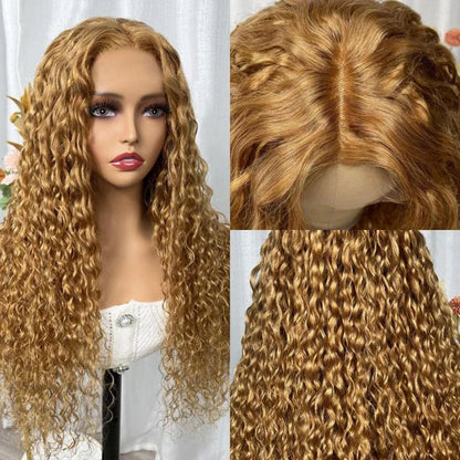 Side view of the Honey Blonde Water Wave 4x4 Lace Front Wig, highlighting the seamless blend and natural hairline of pre-plucked transparent lace.