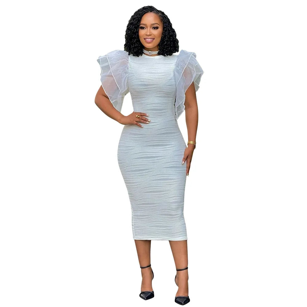 Refined close-up of the beautiful butterfly sleeves on CM.YAYA women's striped evening dress, showcasing luxurious design.