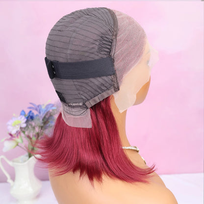 Side view of the 99J Burgundy bob wig, demonstrating the flawless cut and luxurious finish, ideal for a chic look.