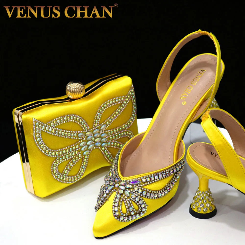 Elegant Venus Chan yellow high heel sandals featuring a chic bowknot design, perfect for upscale events and parties, available in sizes 37-42.