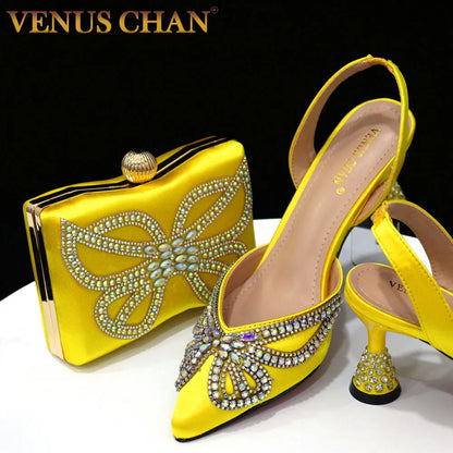 Elegant Venus Chan yellow high heel sandals featuring a chic bowknot design, perfect for upscale events and parties, available in sizes 37-42.