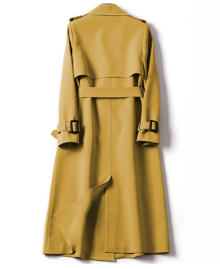 Elegant long trench coat for ladies, showcasing a classic double breasted design ideal for versatile outerwear.