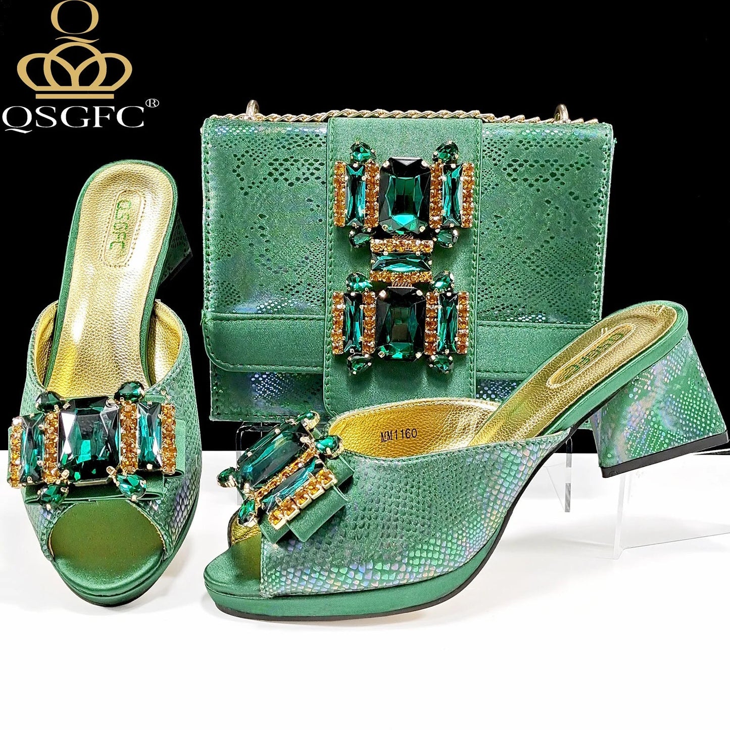 Elegant rose gold women's high heel sandals from QSGFC, featuring intricate rhinestone detailing for a luxurious touch.