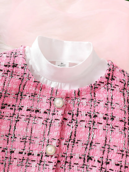 Elegant pink skirt from the luxury 3-piece fashion set for girls aged 7-13, complements the checkered coat beautifully.