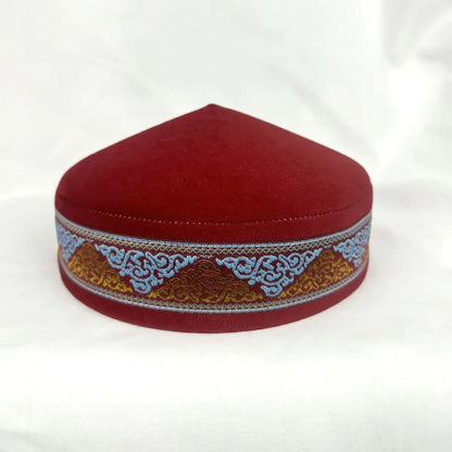 Sophisticated blue embroidered kufi cap for men, handmade in Kazakh style, designed for warmth and comfort.