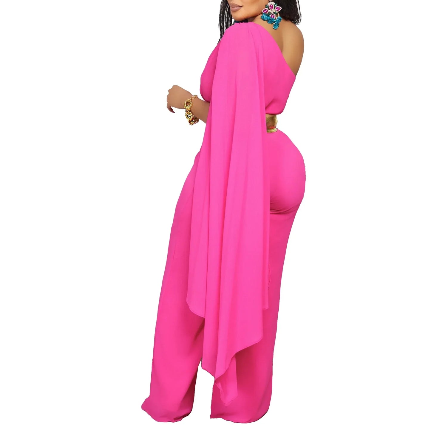 Refined full-length jumpsuit for women in a solid colour, featuring sophisticated flying sleeves and high waist, ideal for clubbing.