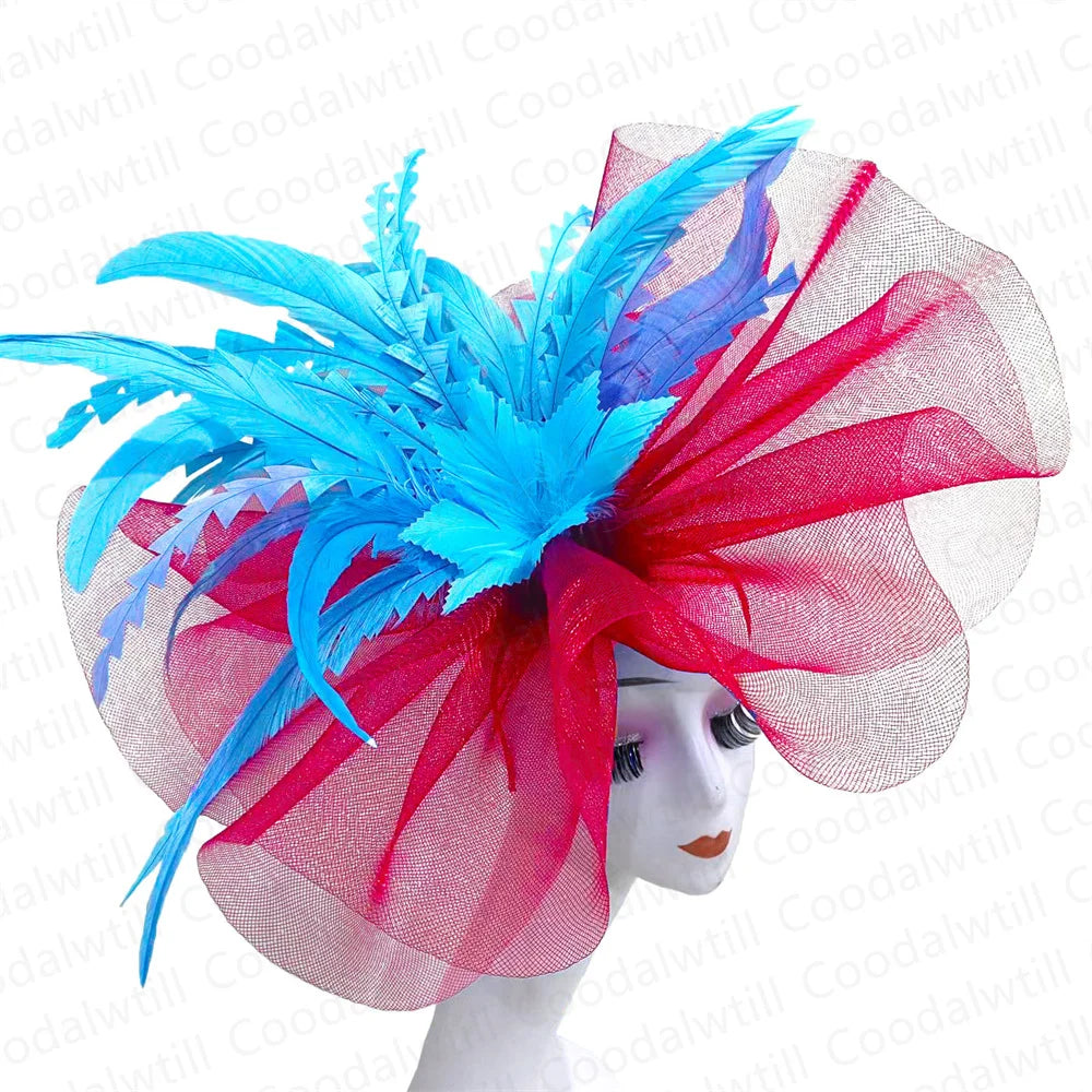 Fashionable women's fascinator hat styled for the kentucky derby, elegantly adorned with feathers, designed for festive occasions and royal celebrations.