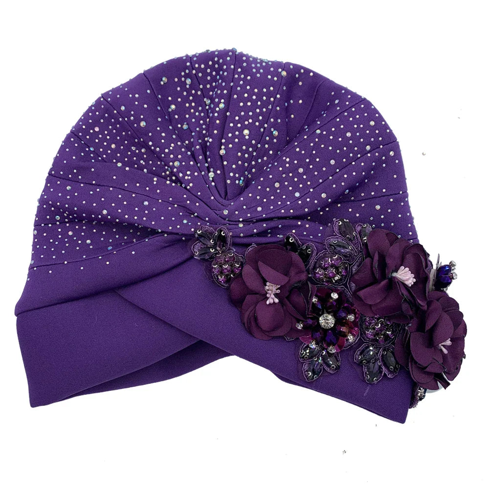Luxurious African turban cap featuring exquisite rhinestone accents, designed for stylish women with a head circumference of 56-58cm.