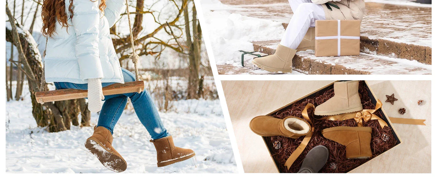 Chic women's plush suede ankle snow boots displayed on a snowy background, embodying comfort and fashionable winter footwear.