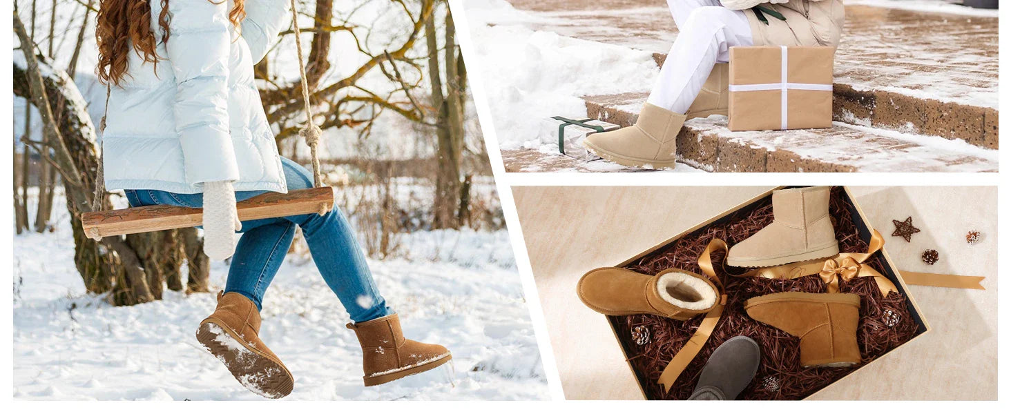 Chic women's plush suede ankle snow boots displayed on a snowy background, embodying comfort and fashionable winter footwear.
