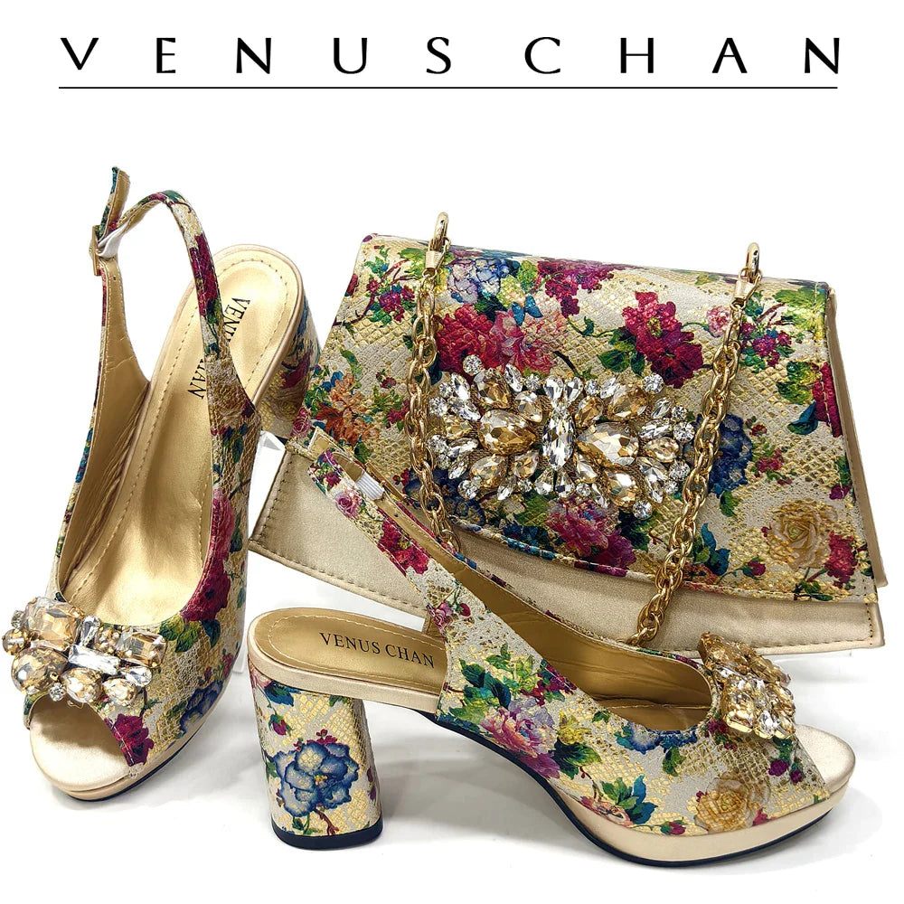 Elegant Venus Chan gold colour women's matching sandals featuring thick spike heels designed for luxury with comfort, perfect for parties and special occasions.
