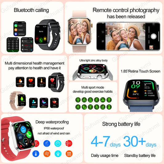 Luxury AI Diagnosis NFC Smart Watch for Women featuring a 1.85 inch AMOLED display, ideal for heart rate and blood pressure monitoring, elegantly designed for fashionable health tracking.