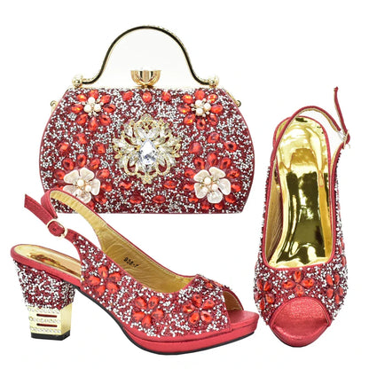 Elegant peep toe pumps in green adorned with sparkling rhinestones, part of a luxury women's shoe and handbag set.