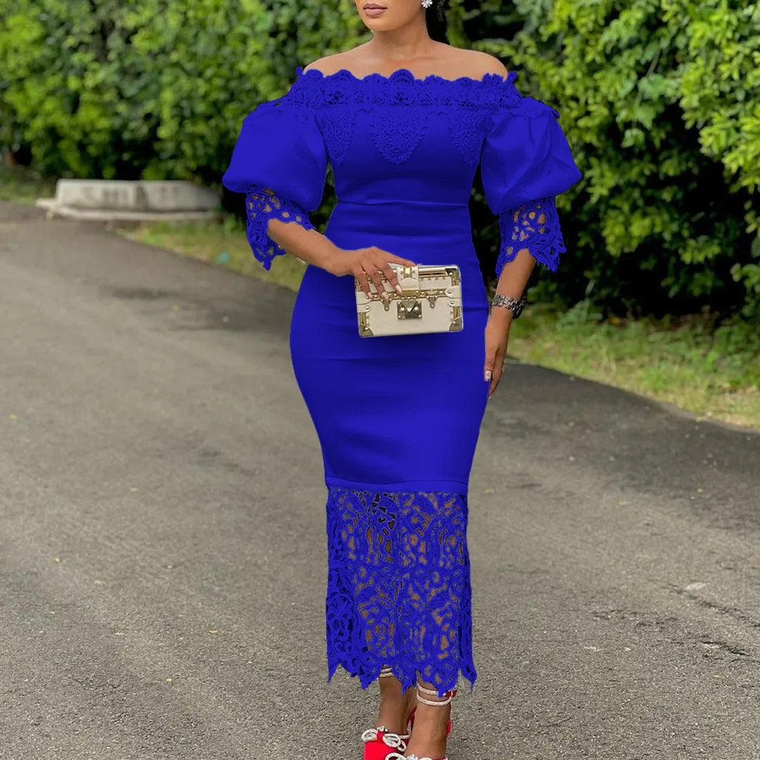 Close-up view of the exquisite lace detailing on the Elegant Women's Midi Dress, showcasing luxury and intricate craftsmanship.