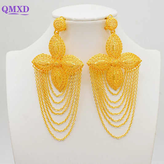 Elegant Trendy Bohemia Long Tassel Earrings for Women, featuring a stunning geometric African design in gold. Perfect for weddings and special occasions, these drop earrings add a touch of luxury to any outfit.