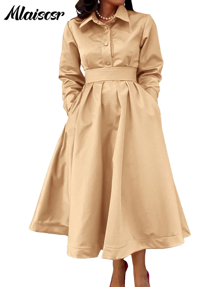 Close-up of Mlaiscsr Khaki Midi Dress, highlighting the luxurious fabric and exquisite pleated detail suited for women in the workplace.