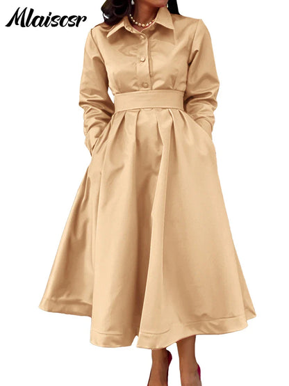 Close-up of Mlaiscsr Khaki Midi Dress, highlighting the luxurious fabric and exquisite pleated detail suited for women in the workplace.