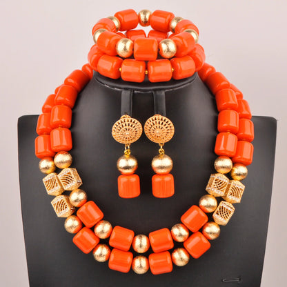 Close-up view of the stunning necklace from the Nigerian bridal jewelry set, featuring intricately designed artificial coral beads for a sophisticated look.
