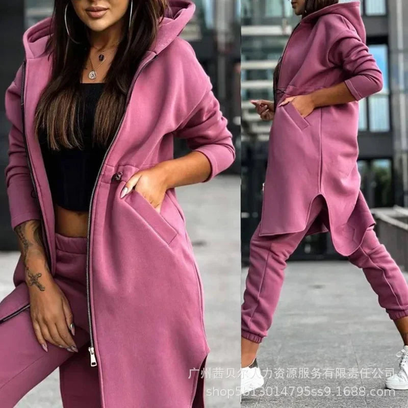 Luxury Women's Hooded Tracksuit Set featuring elegant design by Hot Trends Area, showcasing high waist pencil pants and a stylish hooded top.