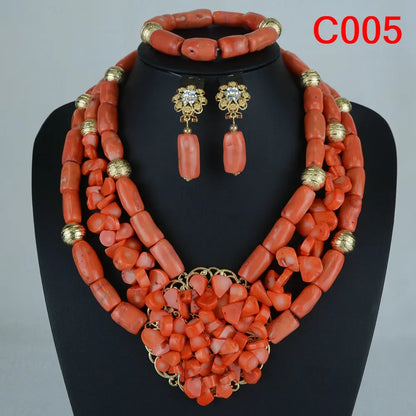 Luxury coral bead necklace set featuring intricate design perfect for weddings and parties, showcasing vibrant red hues.
