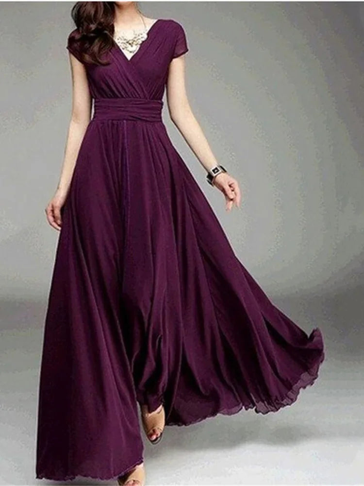 Elegant V-neckline detail of a premium bodycon chiffon dress, accentuating the stylish empire waist and sophisticated silhouette.