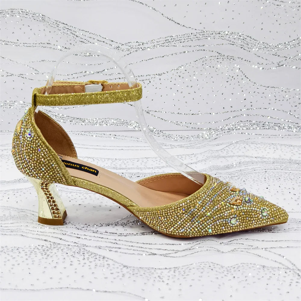 Close-up of high spike heels on sophisticated pointed toe pumps adorned with elegant rhinestones for a glamorous look.