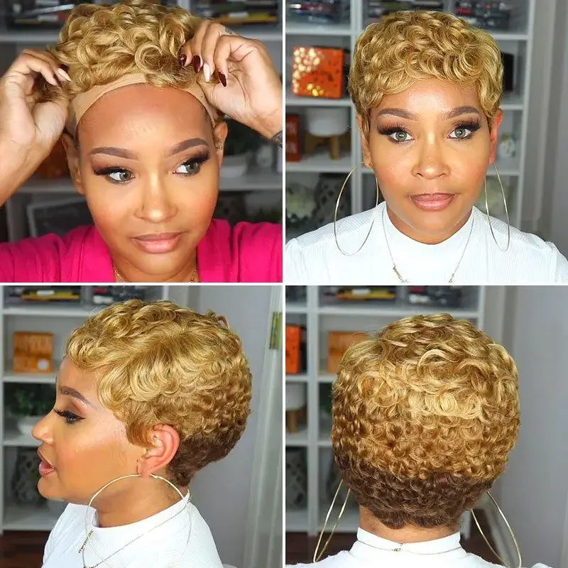 Luxury Brazilian human hair short afro curly pixie cut wig showcasing a deep wave texture, perfect for effortless elegance.