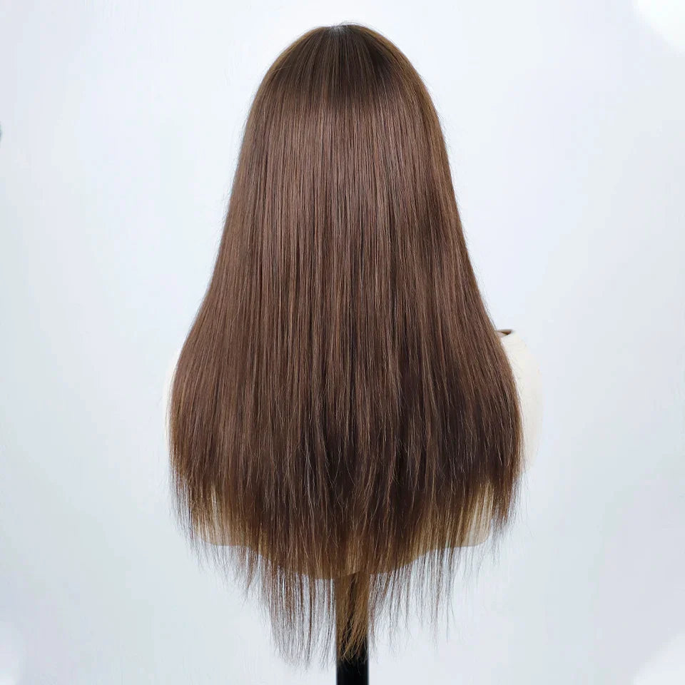 Luxurious Brazilian straight red burgundy human hair wig with bangs, designed for black women, featuring a perfect average cap size.