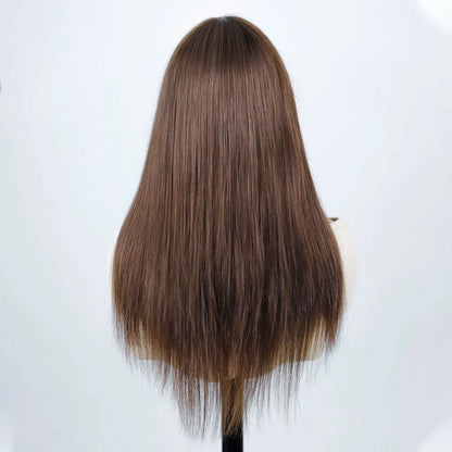 Luxurious Brazilian straight red burgundy human hair wig with bangs, designed for black women, featuring a perfect average cap size.