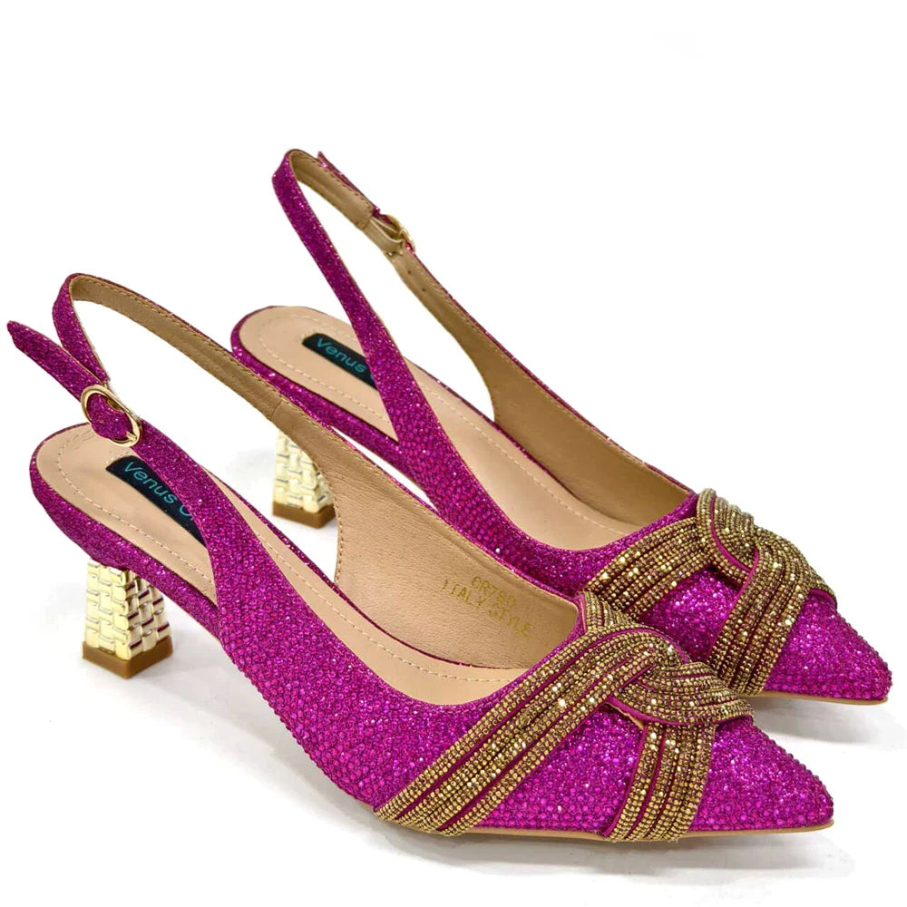 Elegant orange African women shoes and matching bag set by Venus Chan embellished with shining crystals, perfect for wedding parties.