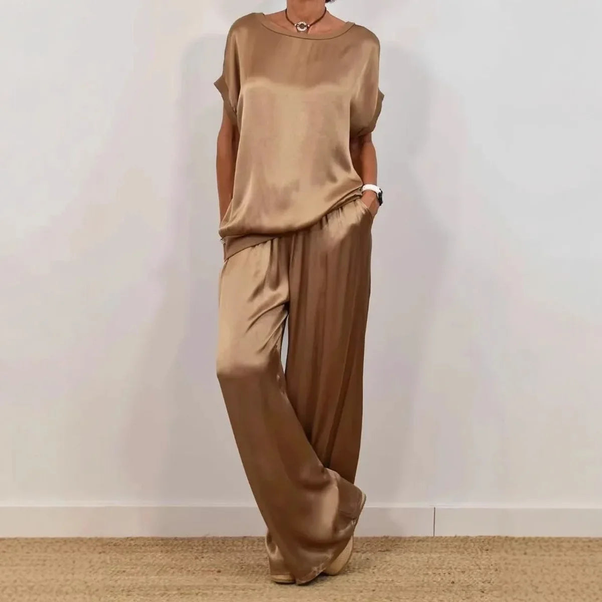 Wide leg pant set for women in luxurious satin, showcasing an elegant and sophisticated silhouette, ideal for summer fashion.