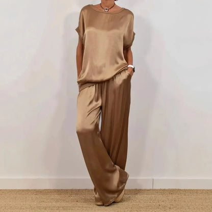 Wide leg pant set for women in luxurious satin, showcasing an elegant and sophisticated silhouette, ideal for summer fashion.